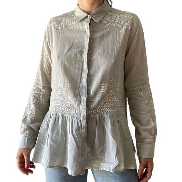 Johnny Was 3J Workshop Sage Green Floral Embroidered Button Down Blouse Sz M - Picture 4 of 10